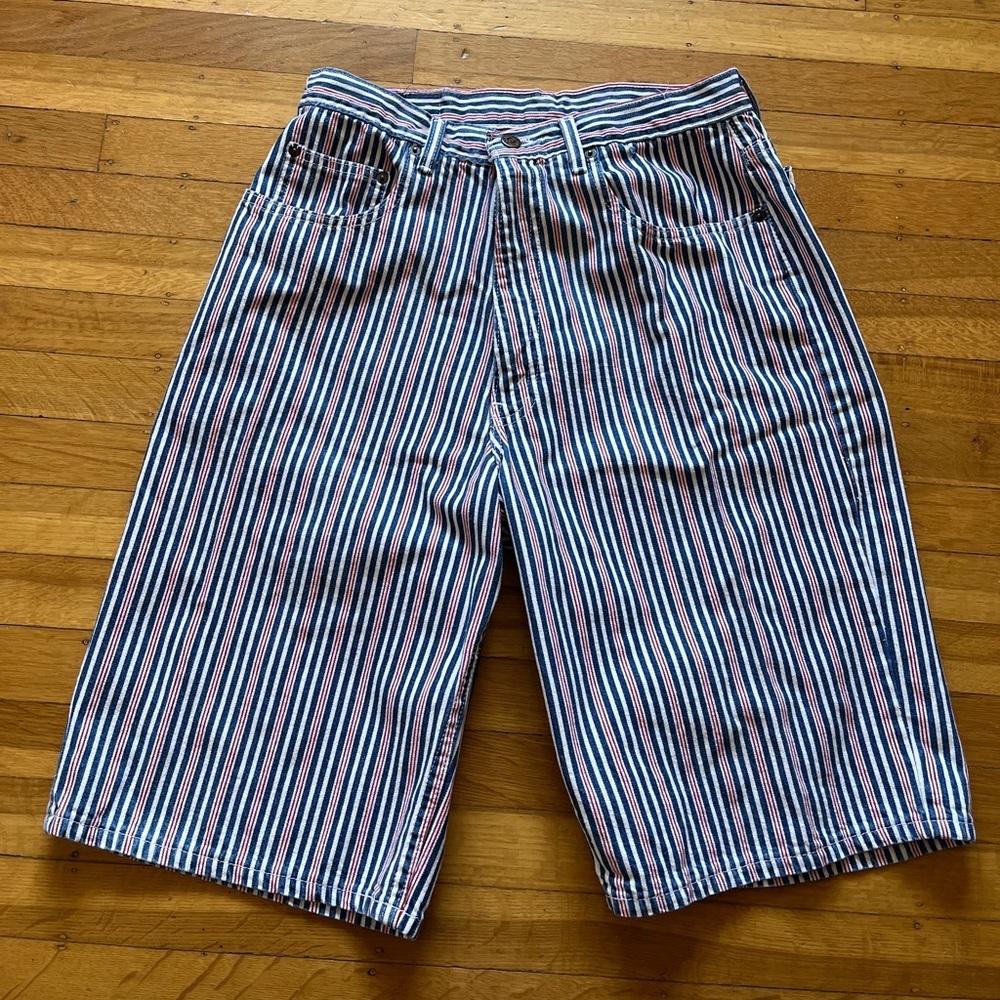 American Flag pinstriped long jean shorts 90s hiphop butch 32 M L cross colors